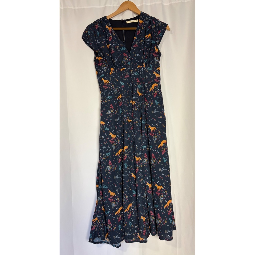 Fox Floral Midi Dress Cottagecore Navy Blue V-Neck Whimsical Sz S-4 Boho Forest